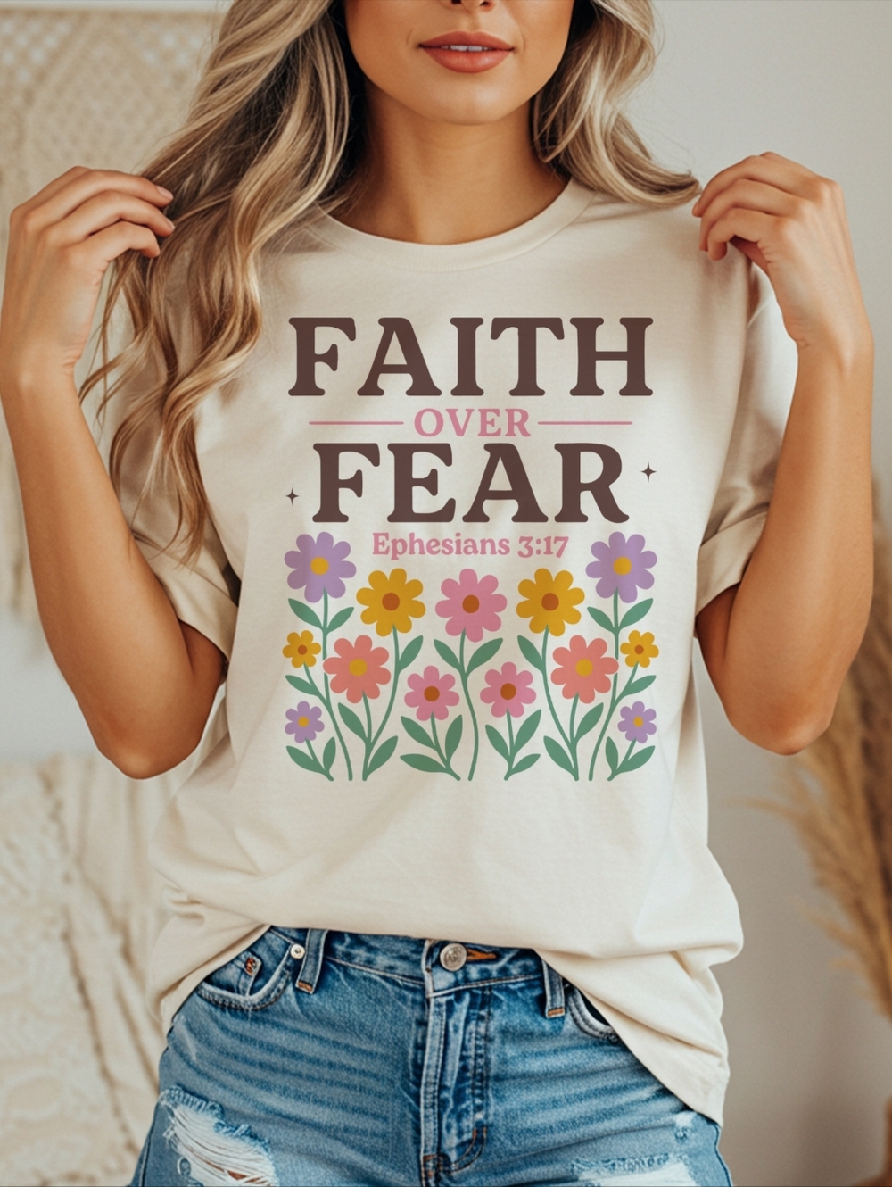 Faith Over Fear floral design T-shirt | Ephesians 3:17 scripture